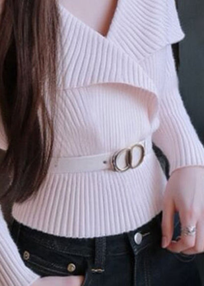 Style White V Neck Patchwork Knit Sweater Tops Spring