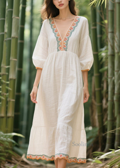 Style White V Neck Patchwork Linen Vacation Dresses Summer