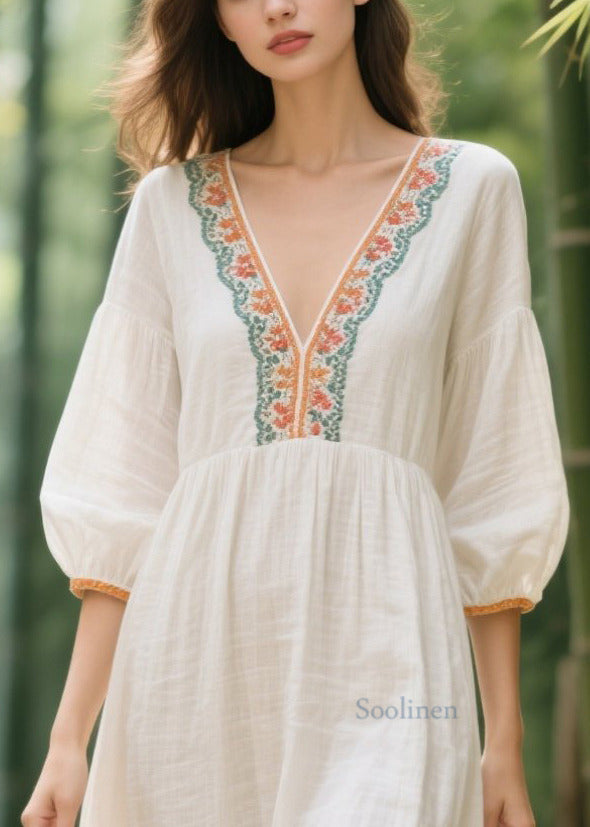 Style White V Neck Patchwork Linen Vacation Dresses Summer