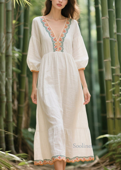 Style White V Neck Patchwork Linen Vacation Dresses Summer