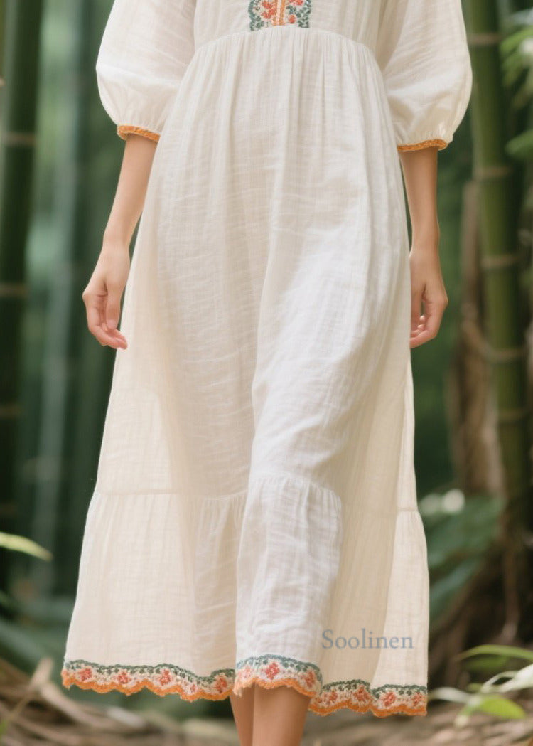 Style White V Neck Patchwork Linen Vacation Dresses Summer