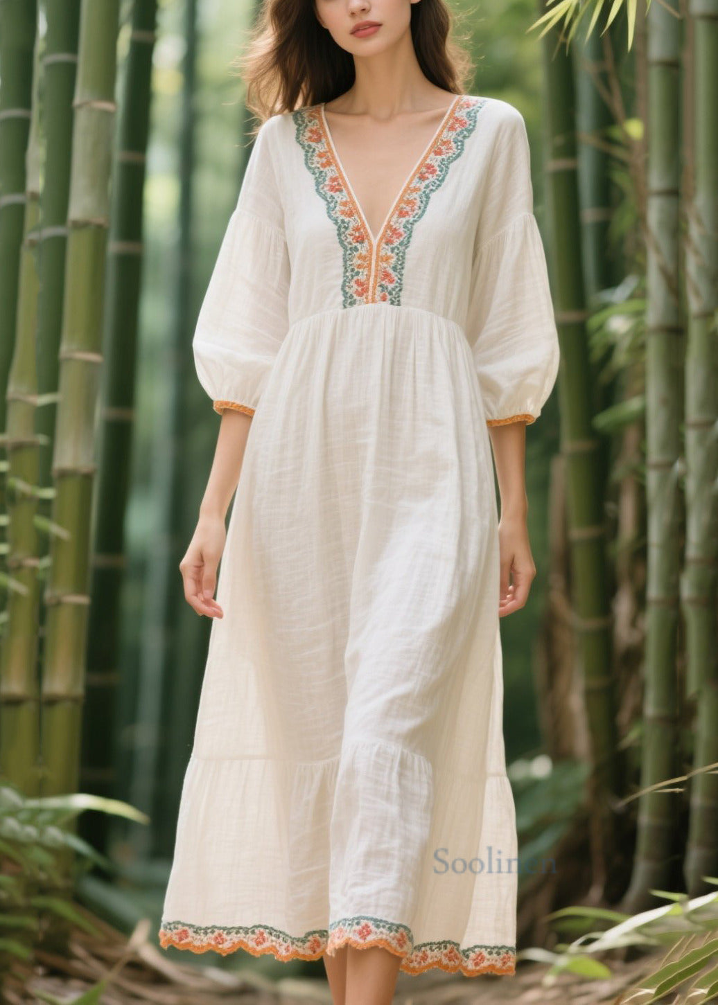 Style White V Neck Patchwork Linen Vacation Dresses Summer