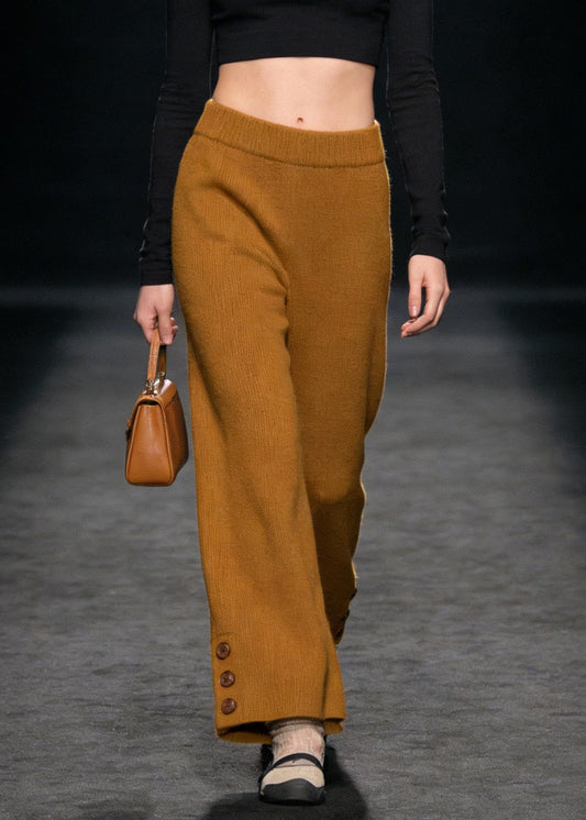 Style Yellow Button High Waist Knit Pants Spring