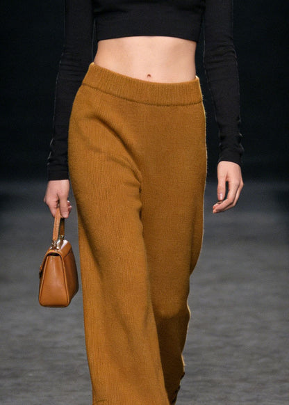 Style Yellow Button High Waist Knit Pants Spring