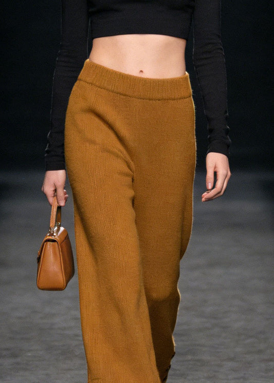 Style Yellow Button High Waist Knit Pants Spring