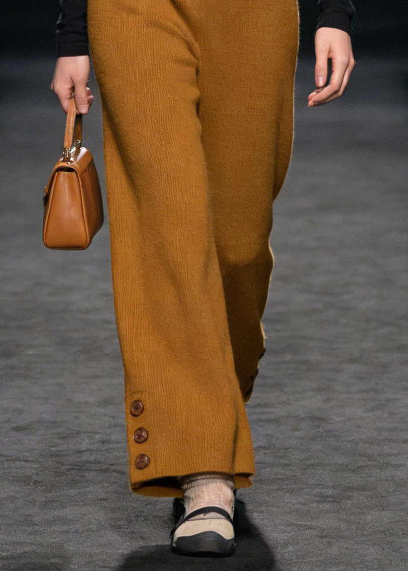 Style Yellow Button High Waist Knit Pants Spring