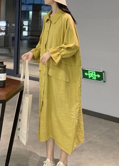 Style Yellow Dress Lapel Pockets Maxi Spring Dresses - SooLinen