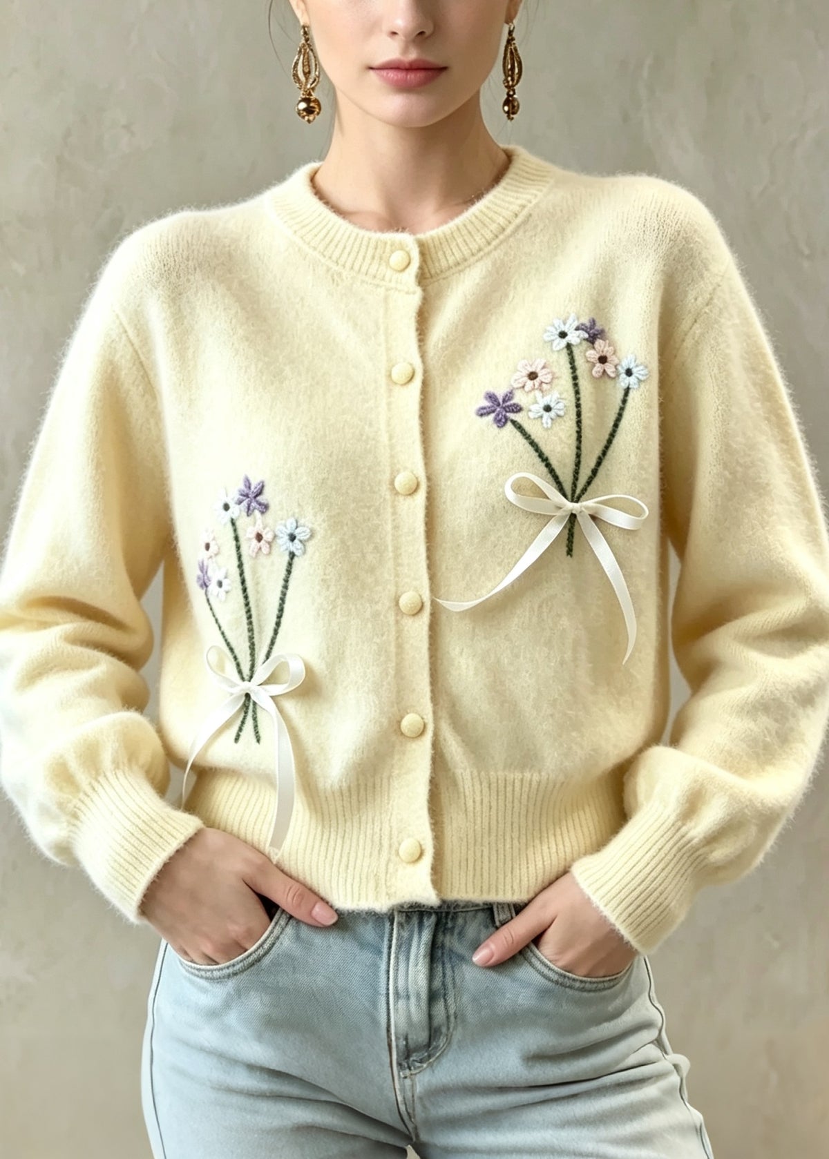 Style Yellow Embroidered Floral Bow Button Knit Coat Fall