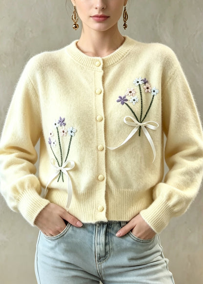 Style Yellow Embroidered Floral Bow Button Knit Coat Fall