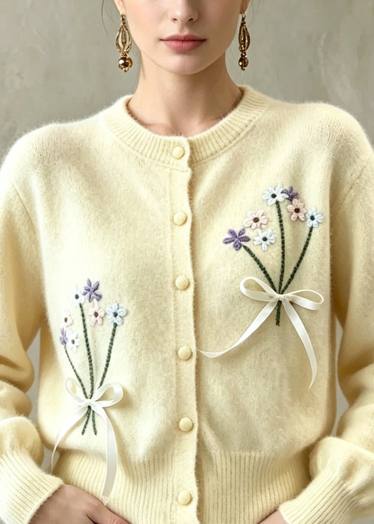 Style Yellow Embroidered Floral Bow Button Knit Coat Fall