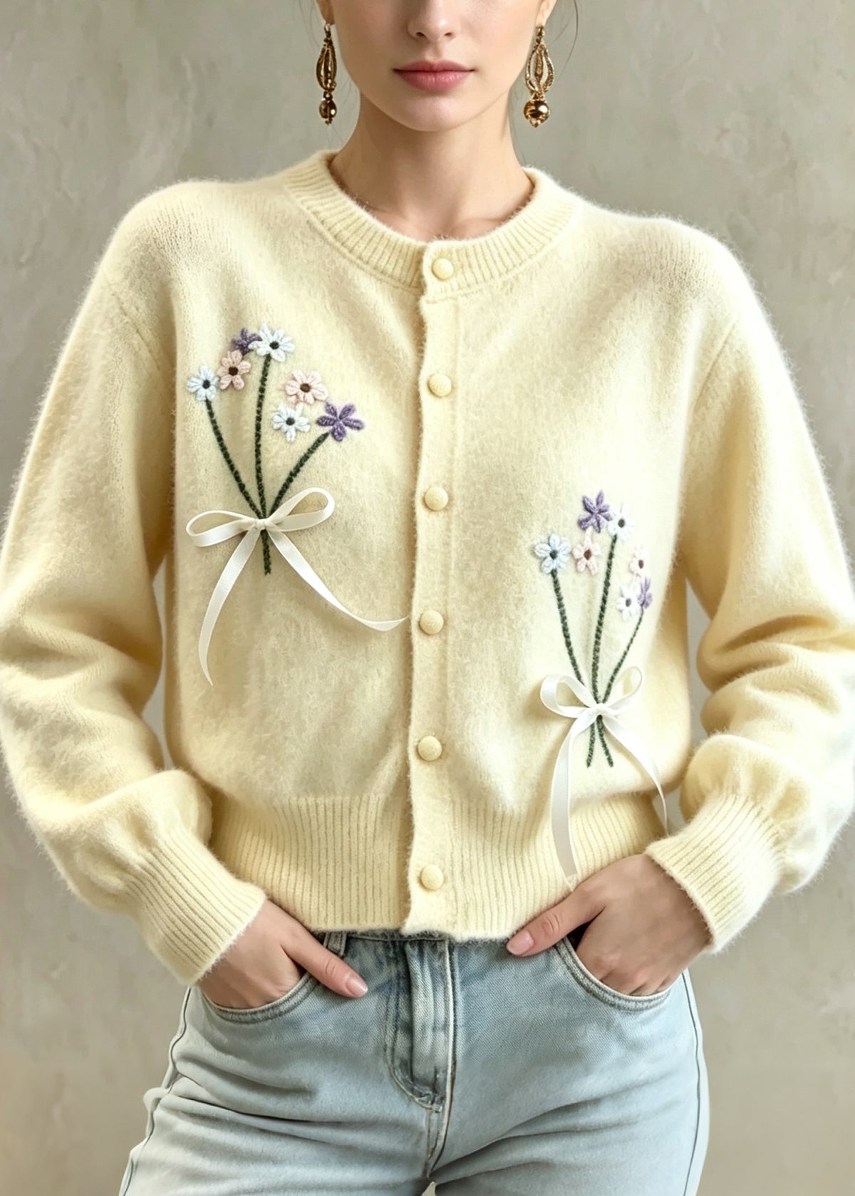 Style Yellow Embroidered Floral Bow Button Knit Coat Fall