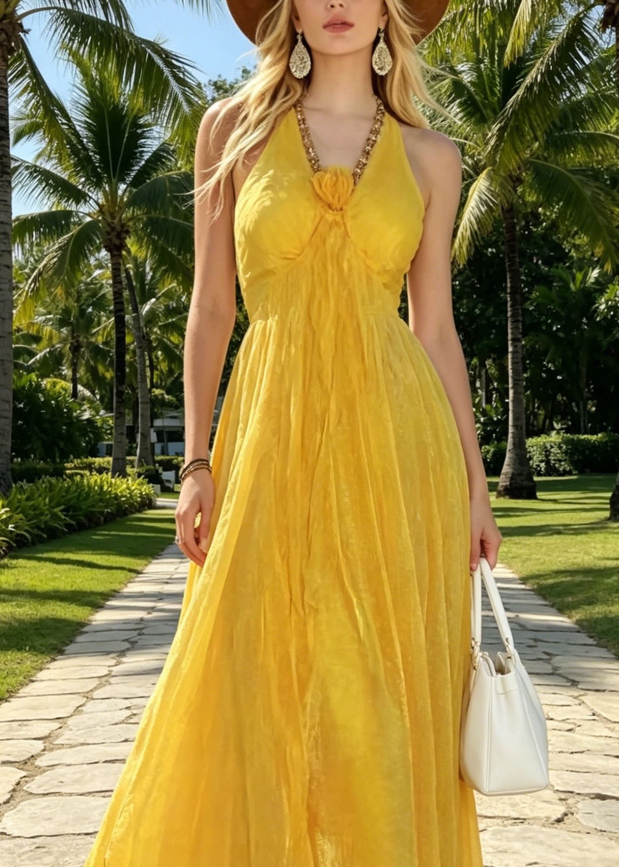 Style Yellow Halter Backless Patchwork Tulle Maxi Dresses Summer