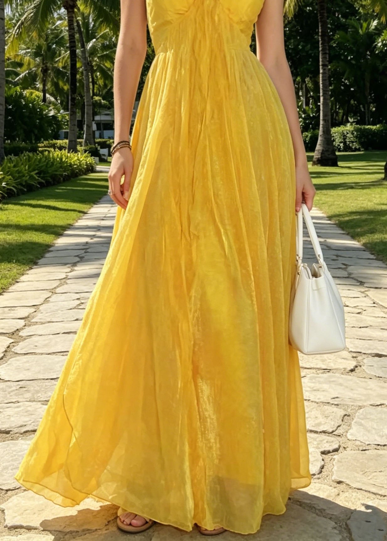 Style Yellow Halter Backless Patchwork Tulle Maxi Dresses Summer