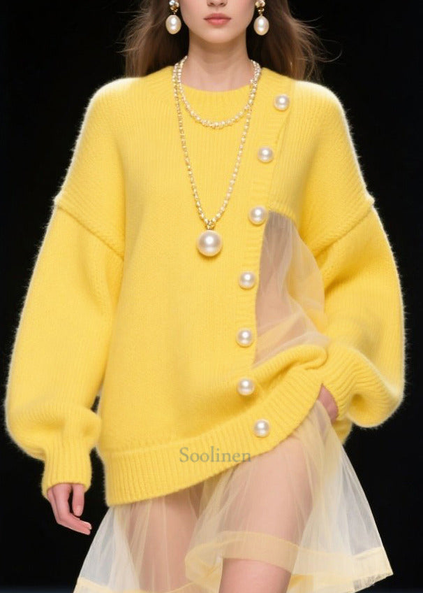 Style Yellow Hollow Out Patchwork Tulle Pearl Knitted Dress Fall