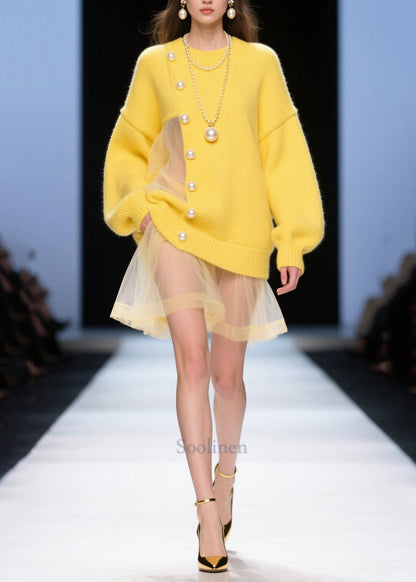 Style Yellow Hollow Out Patchwork Tulle Pearl Knitted Dress Fall