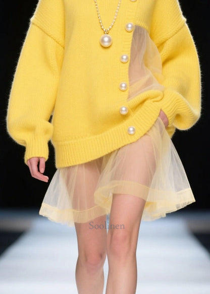 Style Yellow Hollow Out Patchwork Tulle Pearl Knitted Dress Fall