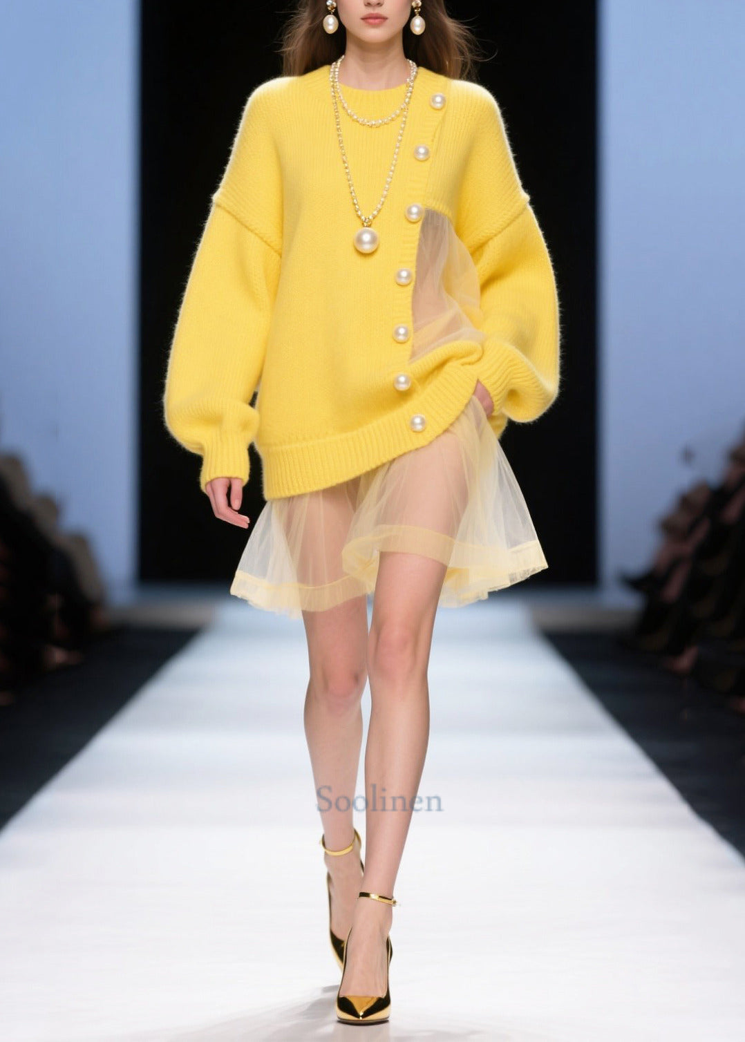 Style Yellow Hollow Out Patchwork Tulle Pearl Knitted Dress Fall