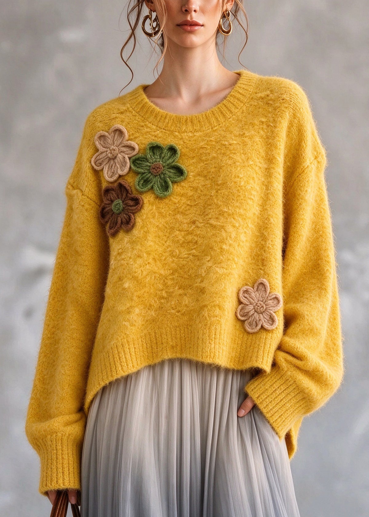 Style Yellow O Neck Floral Thick Knit Sweaters Top Fall
