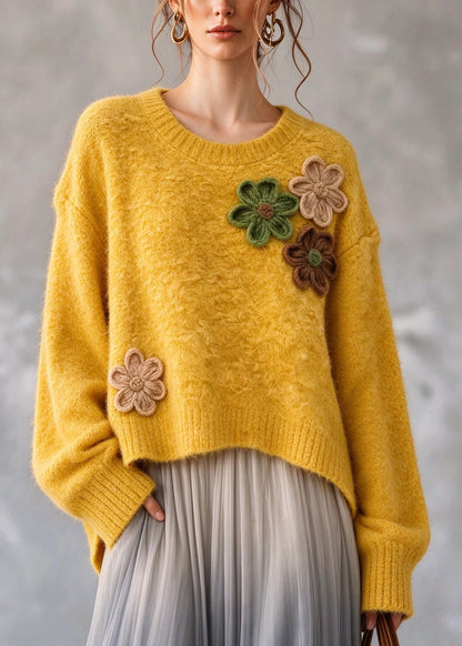 Style Yellow O Neck Floral Thick Knit Sweaters Top Fall