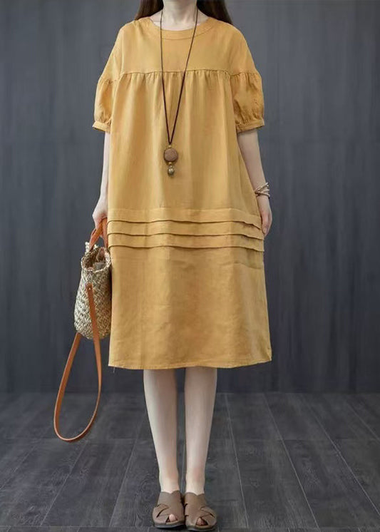Style Yellow Oversized Patchwork Wrinkled Mid Dress Summer
