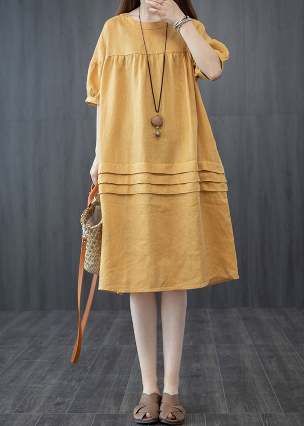 Style Yellow Oversized Patchwork Wrinkled Mid Dress Summer