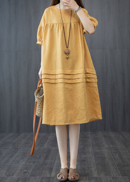 Style Yellow Oversized Patchwork Wrinkled Mid Dress Summer