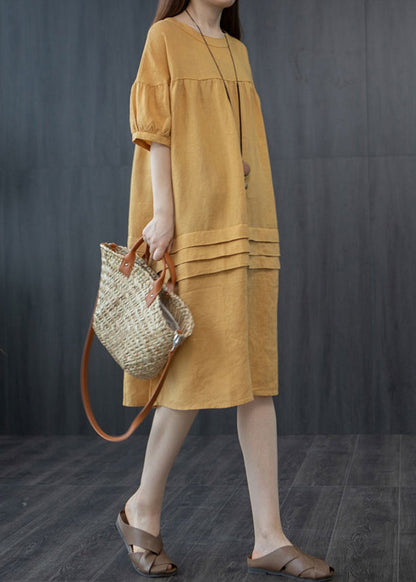 Style Yellow Oversized Patchwork Wrinkled Mid Dress Summer