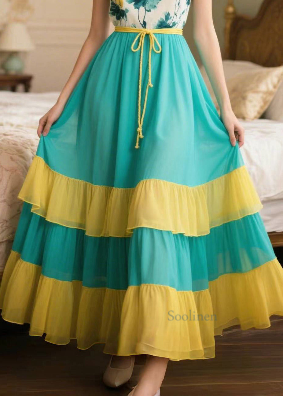 Style Yellow Patchwork Exra Large Hem Chiffon Vestidos Dress Summer