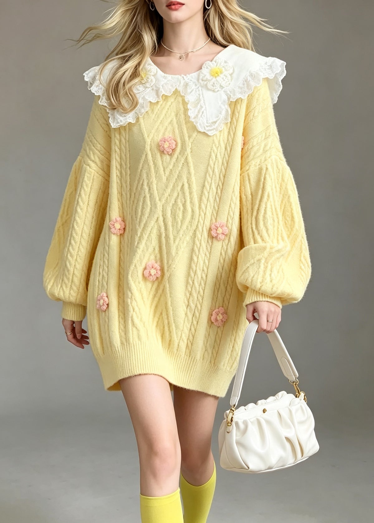 Style Yellow Peter Pan Collar Lace Patchwork Knit Sweaters Fall