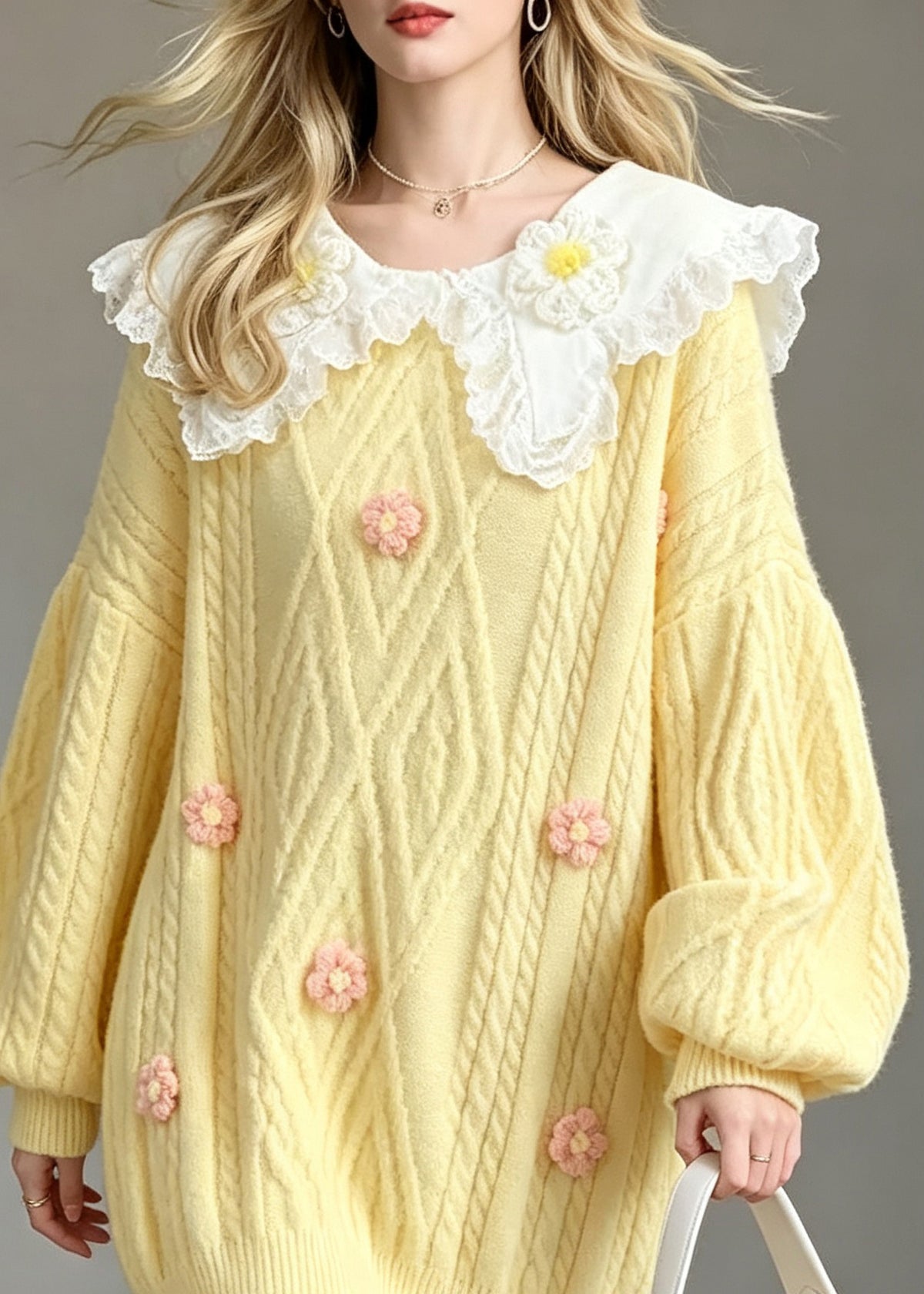 Style Yellow Peter Pan Collar Lace Patchwork Knit Sweaters Fall