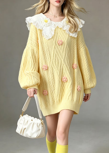 Style Yellow Peter Pan Collar Lace Patchwork Knit Sweaters Fall