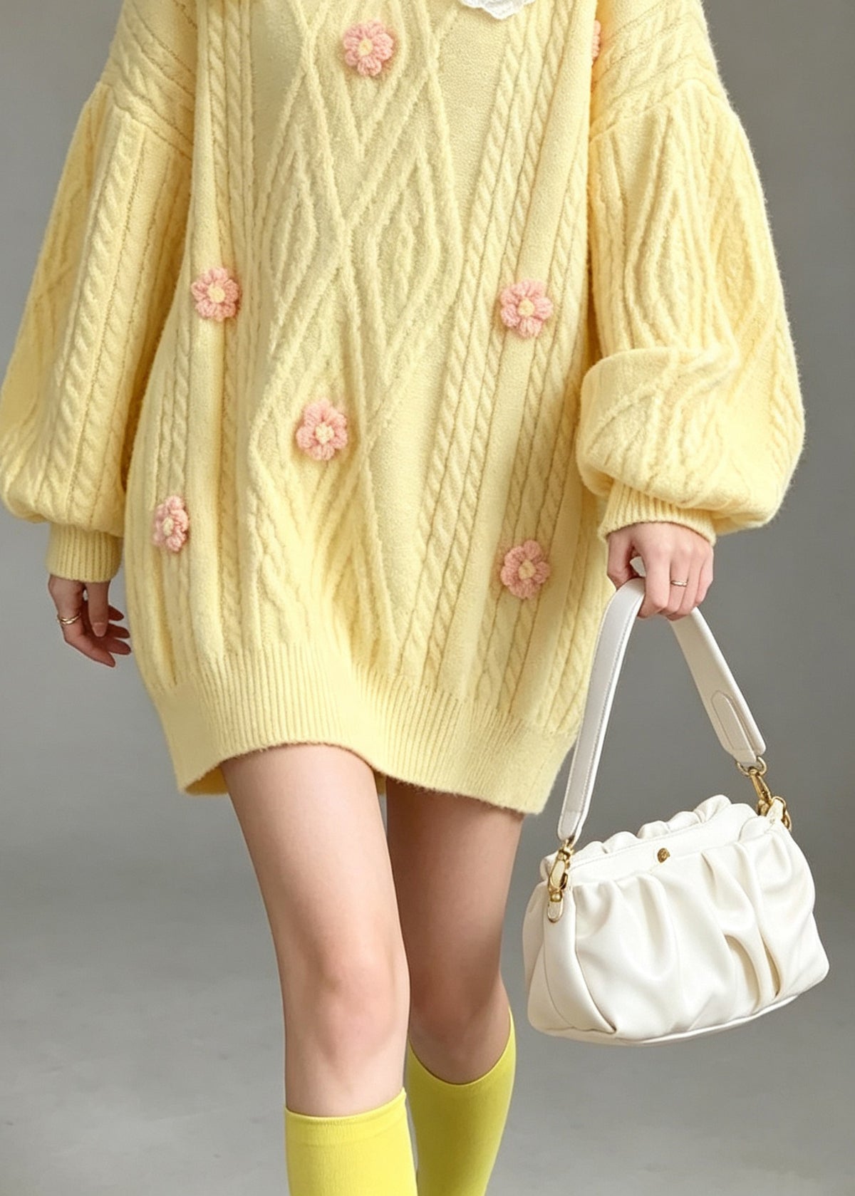 Style Yellow Peter Pan Collar Lace Patchwork Knit Sweaters Fall