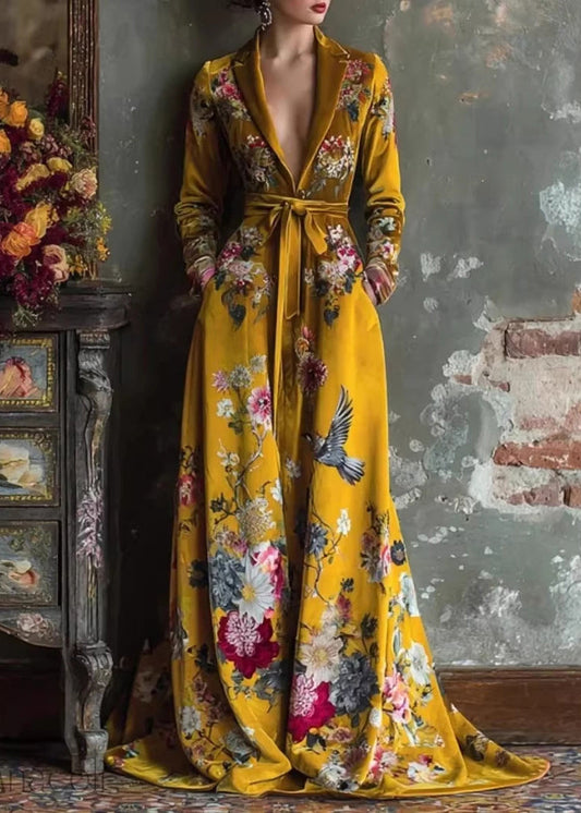 Style Yellow Peter Pan Collar Print Patchwork Tie Waist Velvet Dress Fall