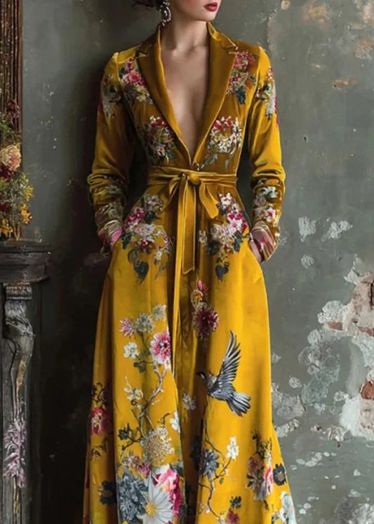 Style Yellow Peter Pan Collar Print Patchwork Tie Waist Velvet Dress Fall
