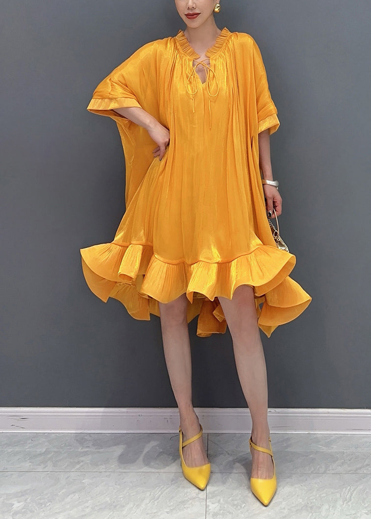 Style Yellow Ruffled Patchwork Low High Design Maxi Dress Summer