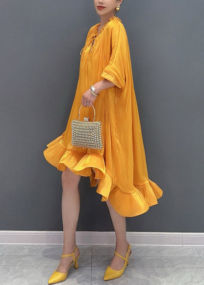 Style Yellow Ruffled Patchwork Low High Design Maxi Dress Summer