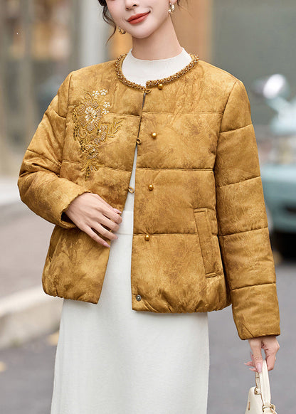 Style Yellow Sequins Embroidered Fine Cotton Filled Women Witner Coats