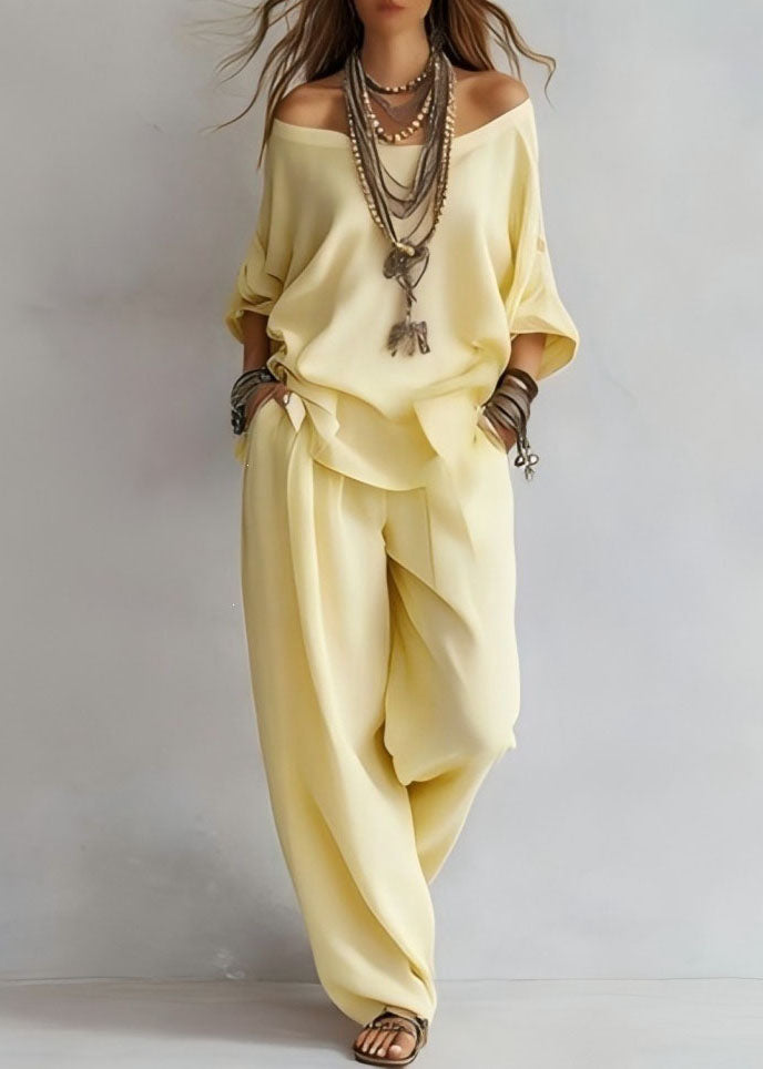 Style Yellow Slash Neck Solid Top And Wide Leg Pants Two Pieces Set Long Sleeve