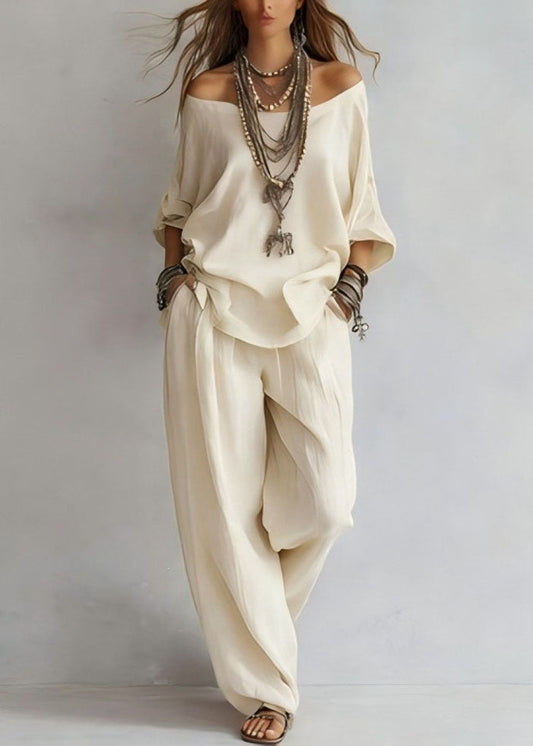 Style Yellow Slash Neck Solid Top And Wide Leg Pants Two Pieces Set Long Sleeve