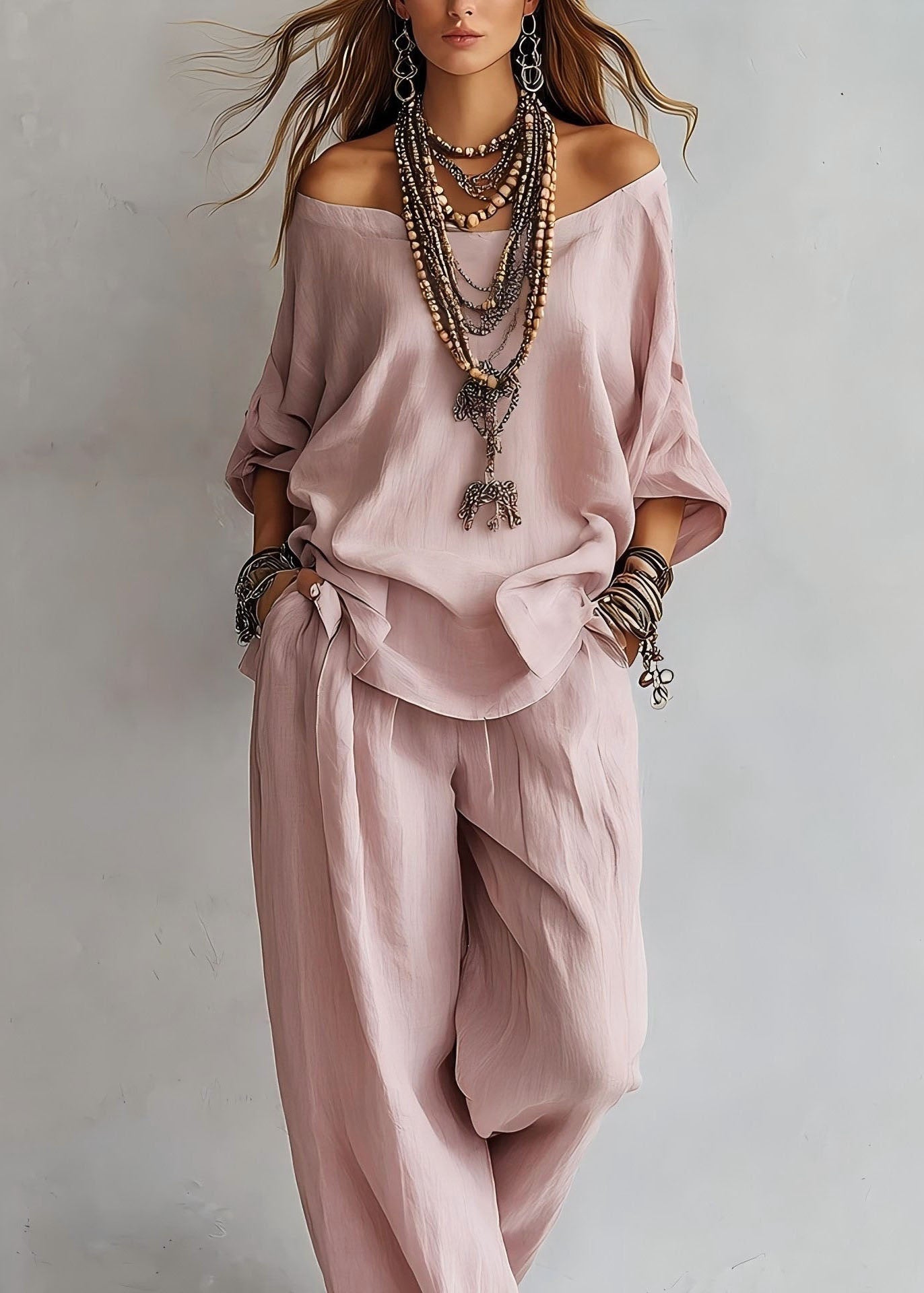 Style Yellow Slash Neck Solid Top And Wide Leg Pants Two Pieces Set Long Sleeve