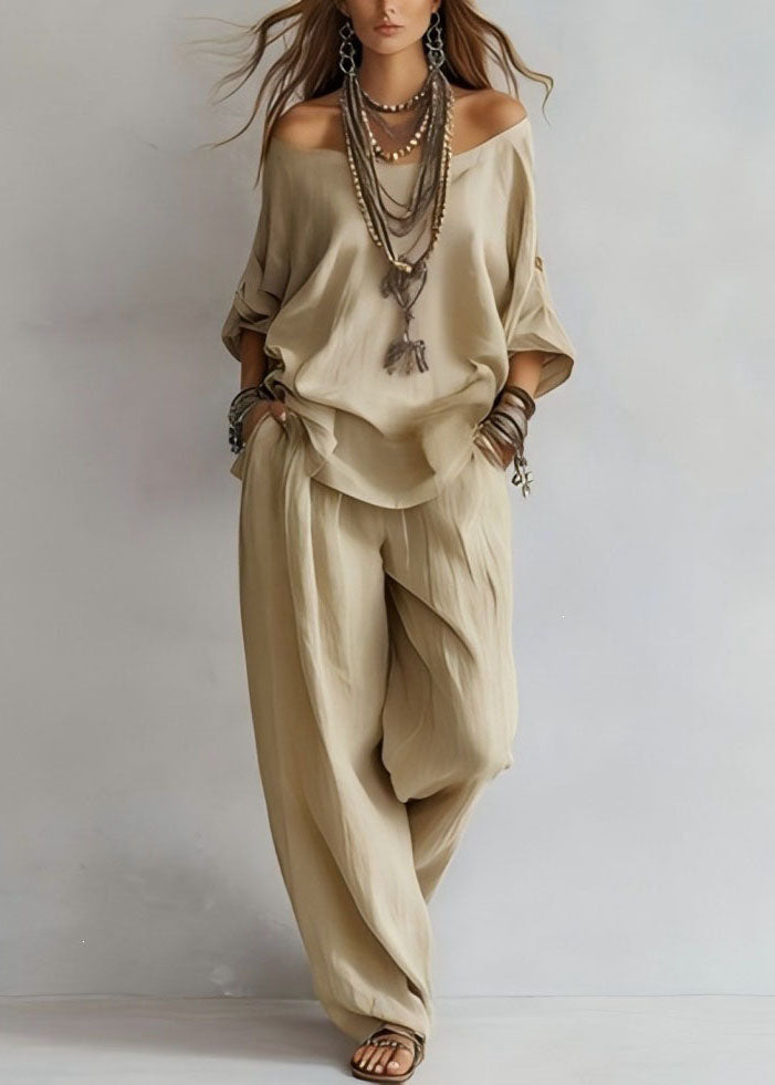 Style Yellow Slash Neck Solid Top And Wide Leg Pants Two Pieces Set Long Sleeve