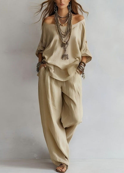 Style Yellow Slash Neck Solid Top And Wide Leg Pants Two Pieces Set Long Sleeve