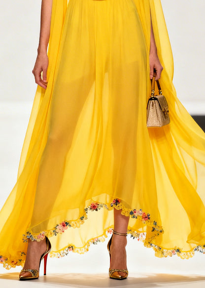 Style Yellow Turtle Neck Exra Large Hem Flower Chiffon Dresses Sleeveless