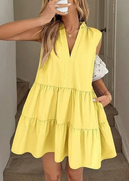 Style Yellow V Neck Oversized Cotton Holiday Dresses Sleeveless