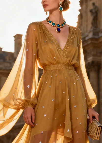 Style Yellow V Neck Rhinestone Chiffon Dinner Dress Summer