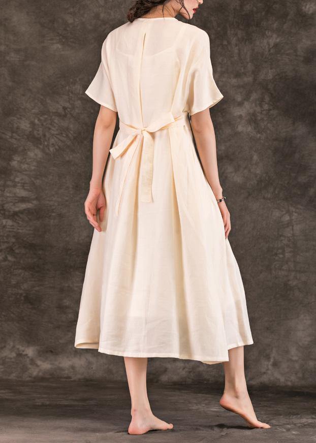 Style beige linen Robes v neck tie waist summer Dress - SooLinen