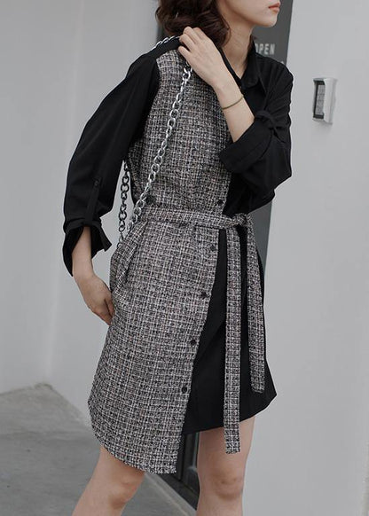 Style black Cotton Wardrobes tie waist daily patchwork Dresses - SooLinen