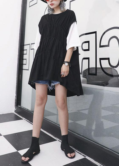 Style black Cotton quilting dresses o neck shift summer Dress - SooLinen