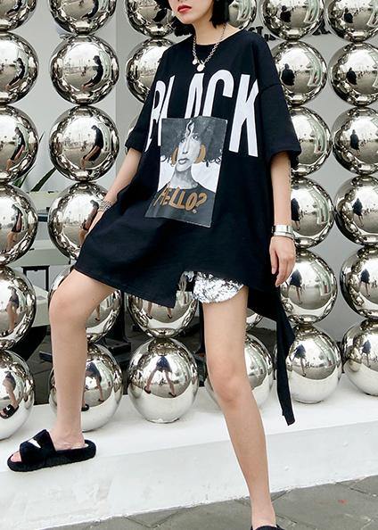 Style black Letter cotton tunic top o neck Dresses shirt - SooLinen