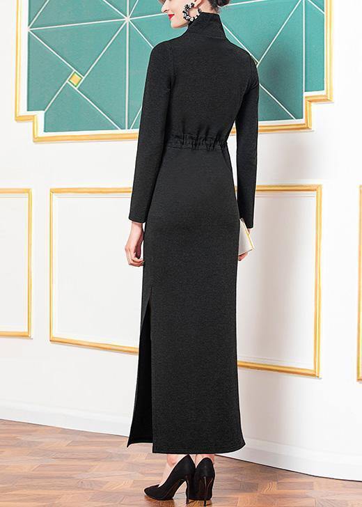 Style black cotton clothes high neck cotton robes side open Dresses - SooLinen